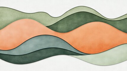   A painting depicts a wave of green, orange, and gray shades on a white canvas against a white backdrop