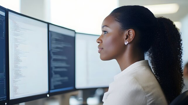 Woman looking at multiple computer screens displaying code in a bright office environment