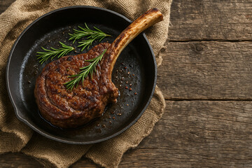 Juicy grilled tomahawk ribeye steak in cast iron skillet with fresh rosemary, served on rustic burlap and wooden background. Perfect for gourmet cooking, BBQ, or steakhouse menu designs