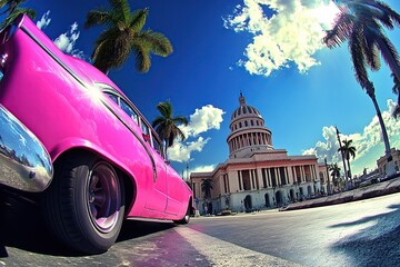 Classic Pink Car in Front of El Capitolio, Havana