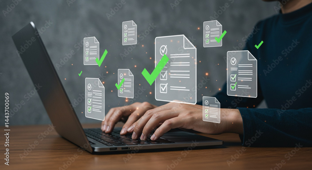 Poster person typing on laptop with digital document checklist icons floating around the screen space area