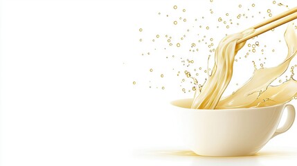   A white cup holding liquid with a straw emerging from the top and dripping