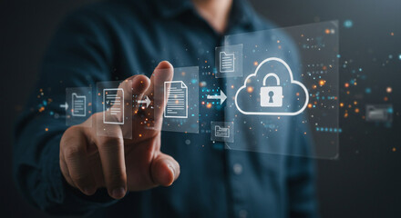 A person interacting with a digital interface showing file transfer to a secure cloud system