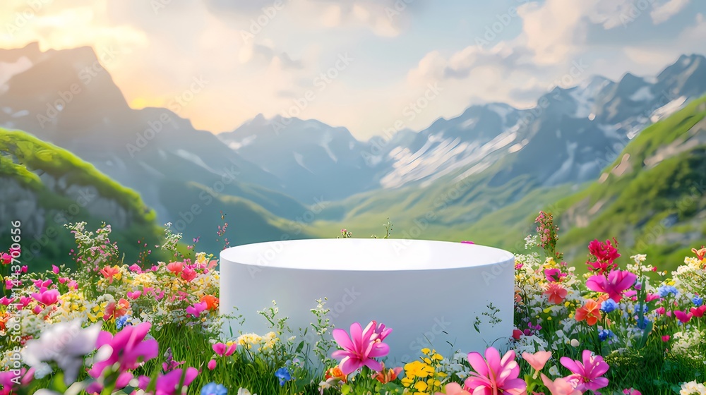 Poster 春の草原に咲き誇る色とりどりの花々と山々の背景にある白い円柱状のプラットフォーム
