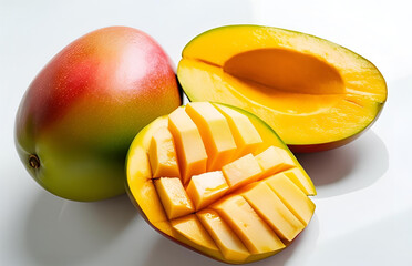 mango fruit isolated on white background, whole, half, cut out
