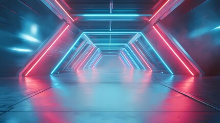 未来的な青と赤の光が輝く幾何学的なトンネルの3Dレンダリングデザイン