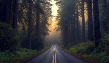 Fototapeta premium Misty forest road at dawn. Sunlight peeks through tall trees