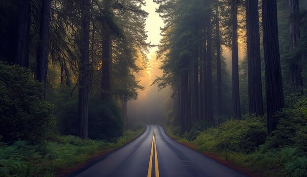Misty forest road at dawn.  Sunlight peeks through tall trees