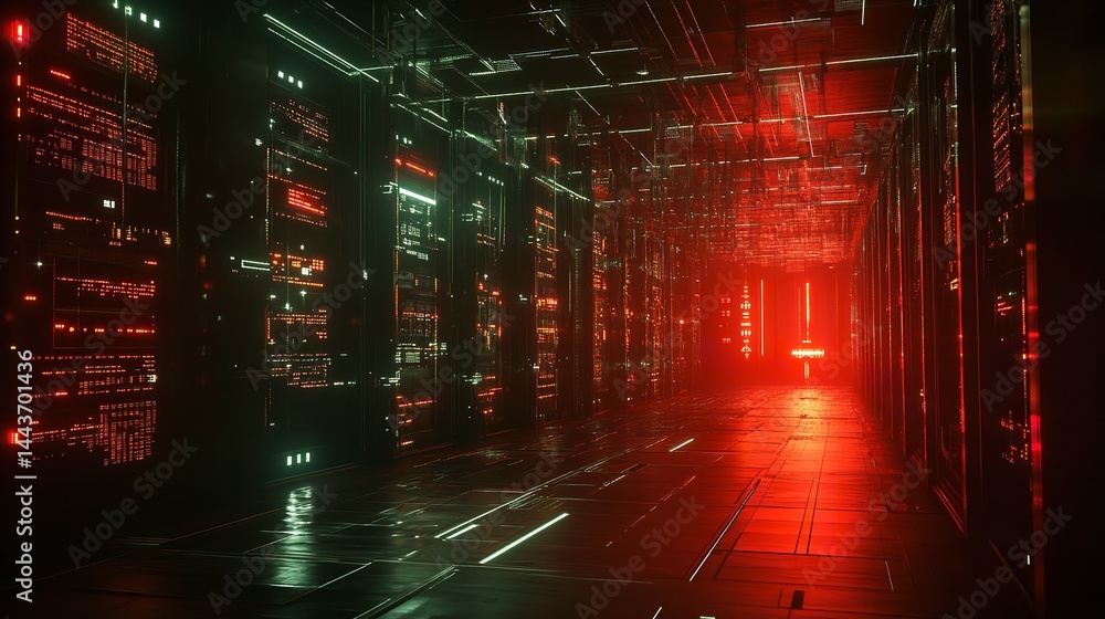 Poster futuristic red green digital corridor server room technology data neon dark code space style power
