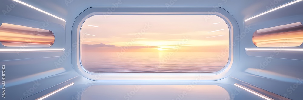 Aufkleber 海と夕焼けを望む白い未来的な窓からのパノラマビュー 太陽光が差し込む青と白のミニマルなインテリア