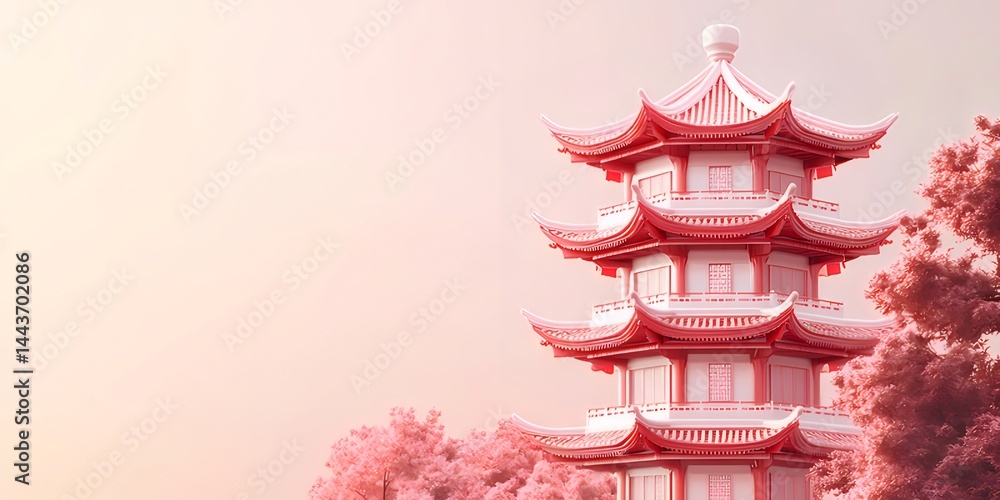 Poster ピンク色の東洋建築塔と背景に桜が咲き誇る美しい風景 静寂で穏やかな春の象徴的なイメージ