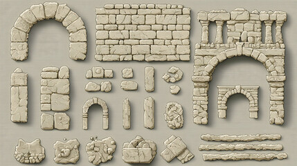 Stone archway, wall, column, and rubble pieces; ancient ruins game asset; background neutral