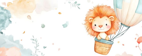 Fototapeta premium Cute cartoon lion is riding in a hot air balloon