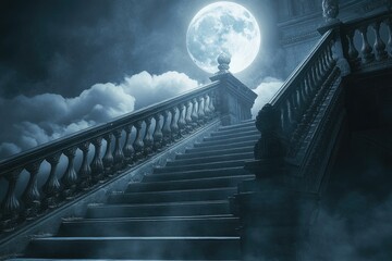 Grand staircase leading to the moonlit sky.  Massive stone steps ascend to an unseen destination under a full moon