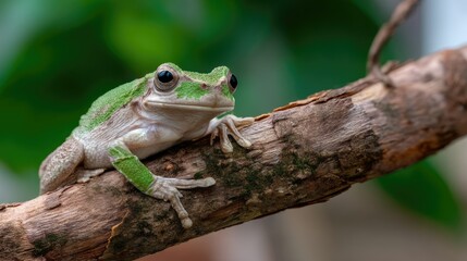 Fototapeta premium A small, light-grey frog with vibrant green accents perched on a weathered branch