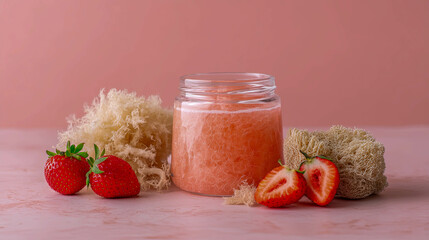Sea moss gel displayed in a jar with fresh strawberries, highlighting a nutritious and vibrant lifestyle choice
