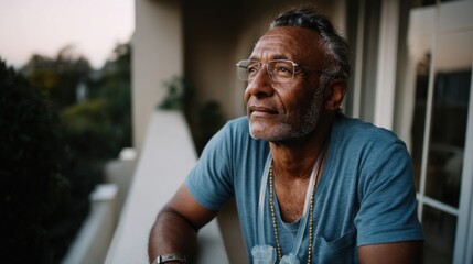 Fototapeta premium Elderly man with glasses and stethoscope sitting outdoors on a balcony, thoughtful and reflective mood, healthcare and senior lifestyle concept