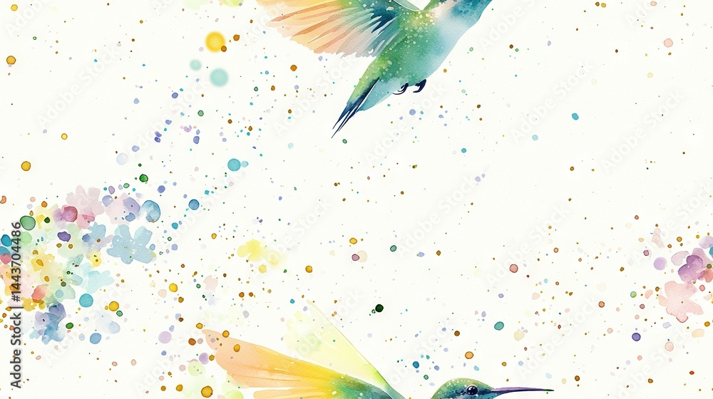 Poster a duo of avians soaring above a vibrant backdrop of colorful splashes on a pristine canvas