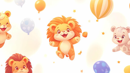 Happy baby lions and bears float amidst balloons and stars; ideal for children's products or celebrations