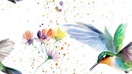   A watercolor depiction of a hummingbird in mid-flight, surrounded by blooming flowers in the foreground and fluttering butterflies in the background