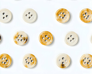 Obraz premium Beige and white buttons pattern on white background, flat lay, crafting supplies, textile texture