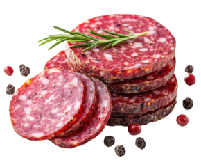 Sliced salami with rosemary gourmet food isolated on transparent background