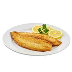 Fried fish fillet served on a plate with lemon slices and parsley garnish presented beautifully well on transparent background