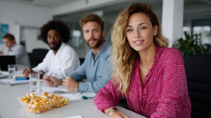 Fototapeta premium Diverse group of professionals sitting at a conference table in a modern office with a bowl of capsules in the foreground