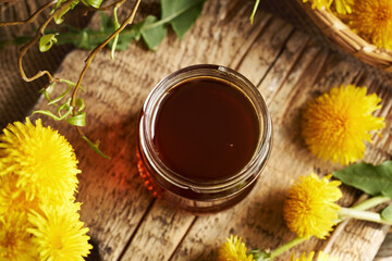 Dandelion honey in a glass jar