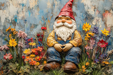 Gnome is sitting in a field of flowers. The gnome is wearing a blue overall and has a beard