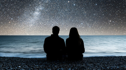 Couple silhouetted against Milky Way, ocean beach, romantic night