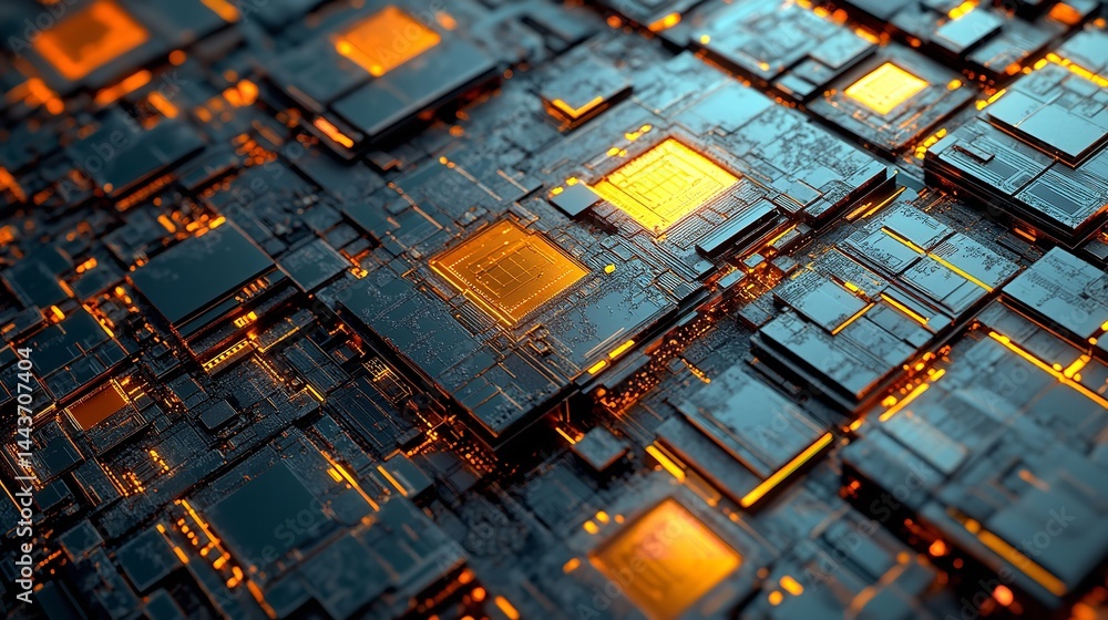 Poster abstract digital circuit board technology background golden orange data grid dark lines power future