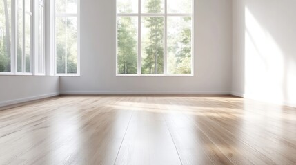 Fototapeta premium Spacious, bright room with large windows overlooking a tranquil forest. Natural light floods the open-plan area, highlighting the polished wooden floor