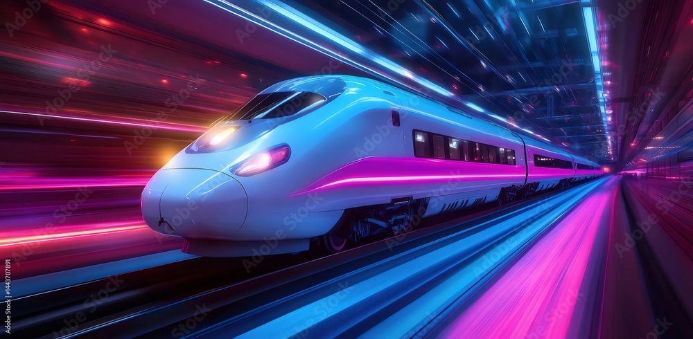 Poster 高速鉄道を走る未来的なデザインの電車 鮮やかな青とピンクの光線が背景に 躍動感のある近未来的なイメージ