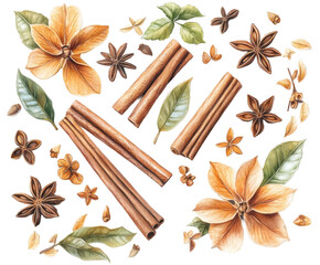Cinnamon and star anise floral arrangement nature botanical bright isolated on transparent background