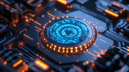 青色発光する電子回路基板のクローズアップ 高度なテクノロジーと抽象的なデザイン