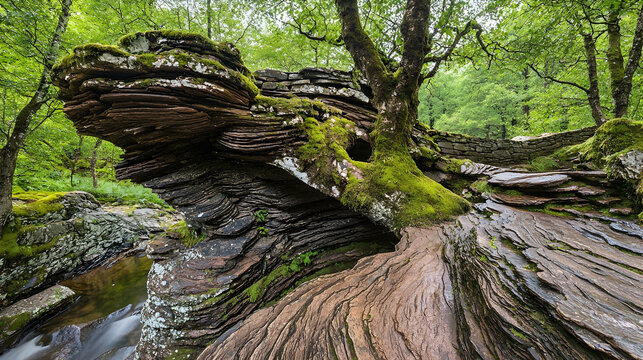 Mossy rock formation, tree, stream, lush forest; nature photography for websites, travel guides
