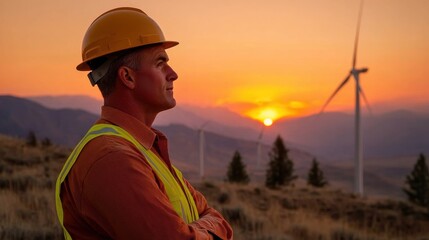 Contemplative engineer observing sunset at wind farm