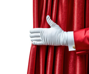 Elegant curtain reveal by gloved performer in theatrical isolated on transparent background