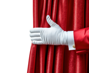 Elegant curtain reveal by gloved performer in theatrical isolated on transparent background