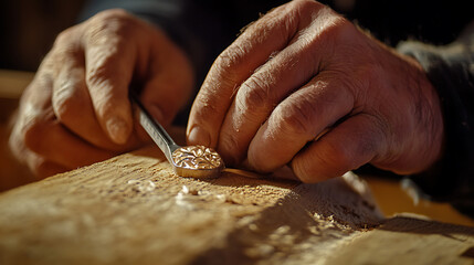 Close-up of Hands Carving Wood with a Chisel