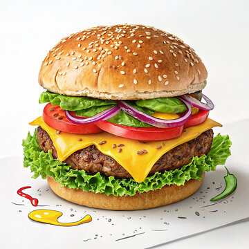Cool cheese with pizzy of loading grilled grilled and susam bun in white background background
