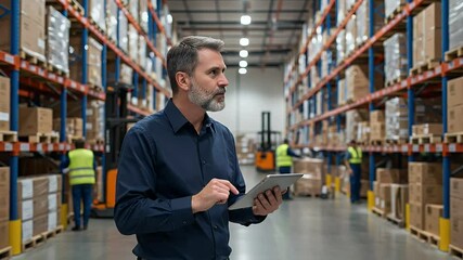 Warehouse Manager Using Tablet in a Modern Distribution Center - Powered by Adobe
