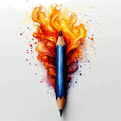 Fototapeta na wymiar illustration of Pencil With Fire At Its Tip, watercolor vector, isolated on a white background.