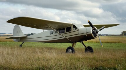 Vintage airplane rests on rural airfield, showcasing its classic design and rustic charm on a cloudy day