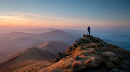 Sunset over mountain range, person standing on peak, enjoying panoramic view, representing achievement, freedom, serenity