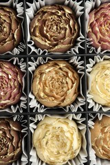 Flower shaped chocolate bonbons in box, top view