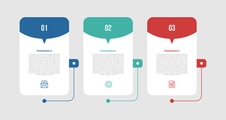 3 stage infographic diagram with creative box with round curve header and small arrow center with 3 step for slide presentation