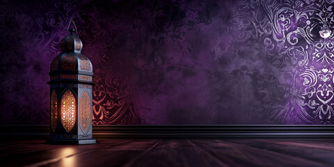 Luxurious plum canvas accented with silver Islamic ornament and lantern silhouette, minimal and elegant for seasonal campaigns or greeting art