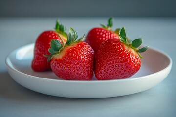 Fresh strawberries with green leaves placed in a white ceramic bowl on a light background.